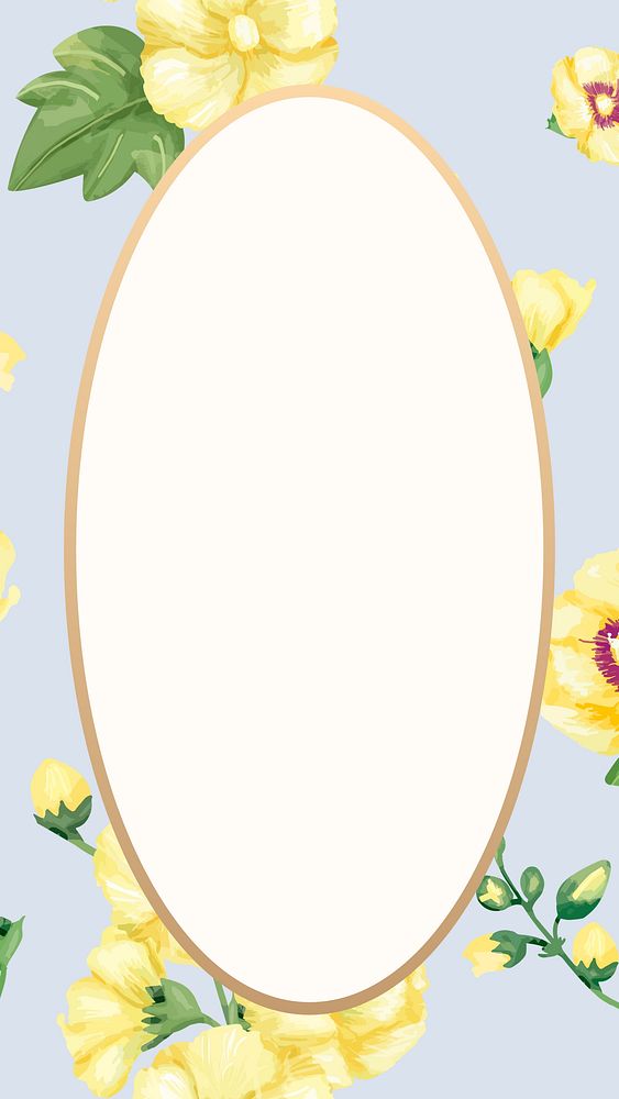 Floral oval frame mobile wallpaper, yellow hollyhocks digital paint