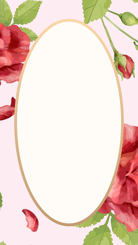 Floral oval frame mobile wallpaper, red rose digital paint