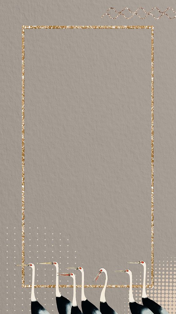 Japanese crane frame iPhone wallpaper, gold glittery design