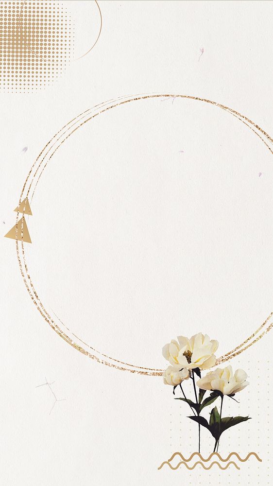 Gold circle frame iPhone wallpaper, aesthetic flower design