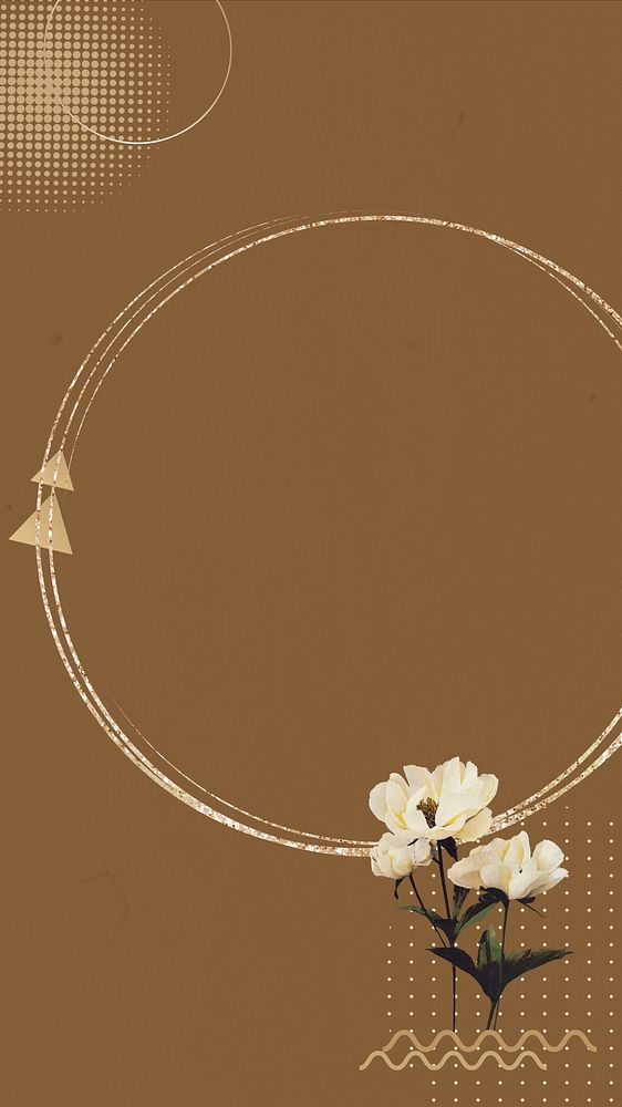 Gold circle frame iPhone wallpaper, aesthetic flower design