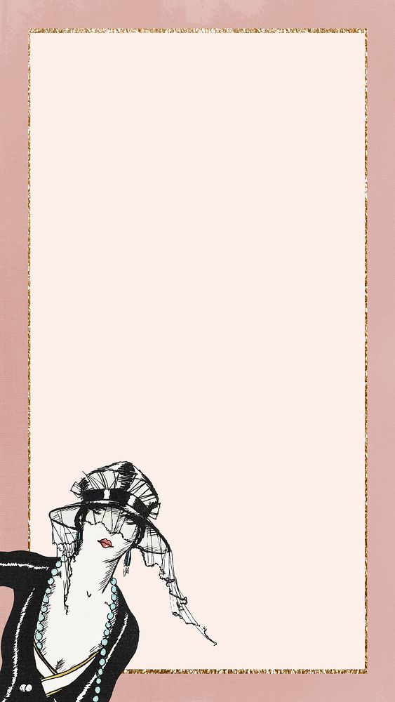 Pink gold frame mobile wallpaper, vintage woman art deco illustration. Remixed by rawpixel. 