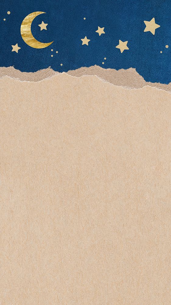 Torn craft paper iPhone wallpaper element, blue night sky moon and star rectangular notepaper