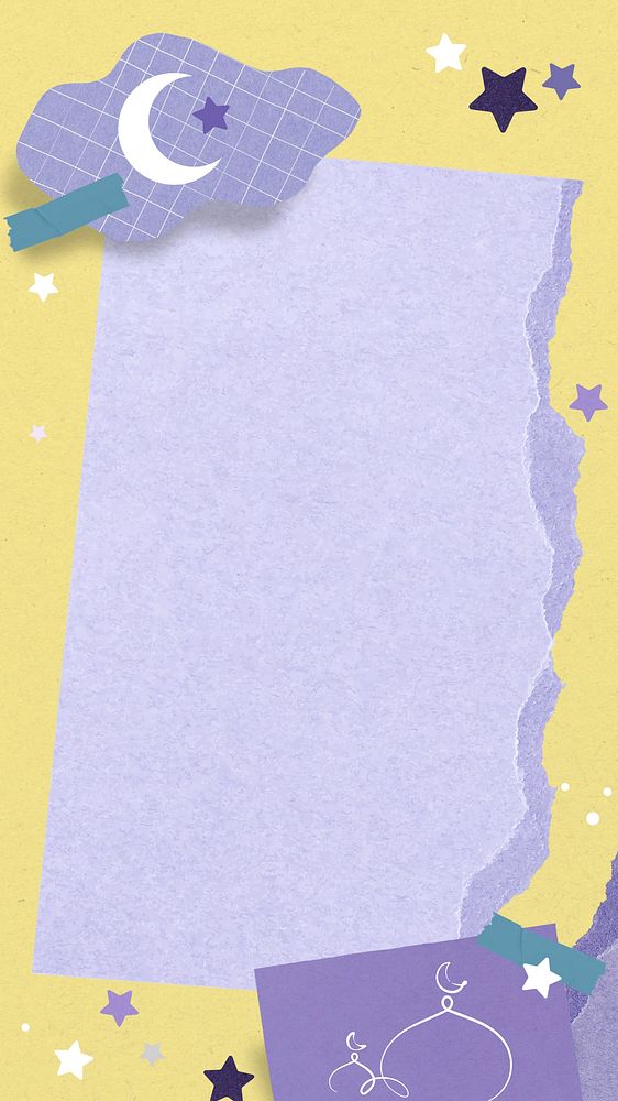 Ramadan purple paper iPhone wallpaper, yellow background star border frame notepaper collage element
