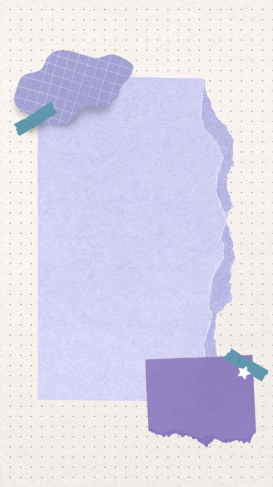 Torn rectangular purple paper element, tape, dot notepaper collage art psd