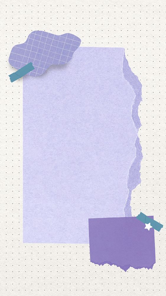 Torn rectangular paper iPhone wallpaper element, tape, purple notepaper border frame dot notepaper collage art
