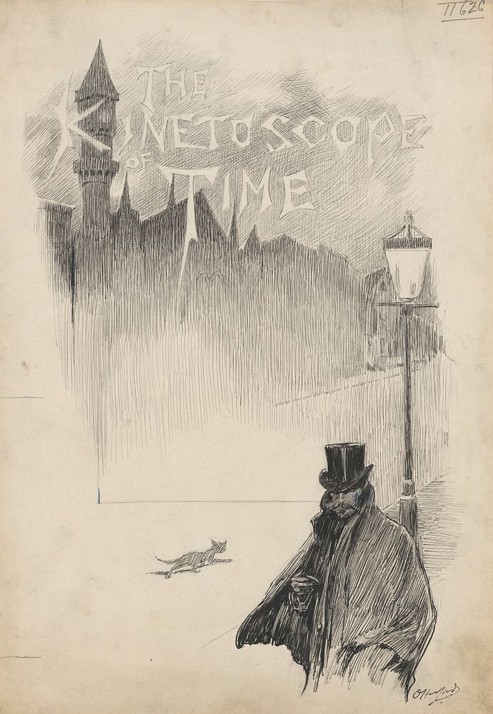 Man in top hat under lamppost with townscape in background (between 1880 and 1935) by Oliver Herford