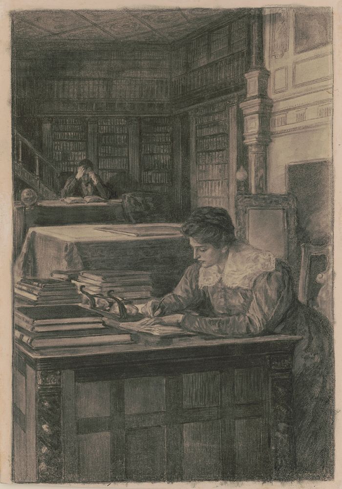 Dorothea busy in the old library (1899) by Alice Barber Stephens