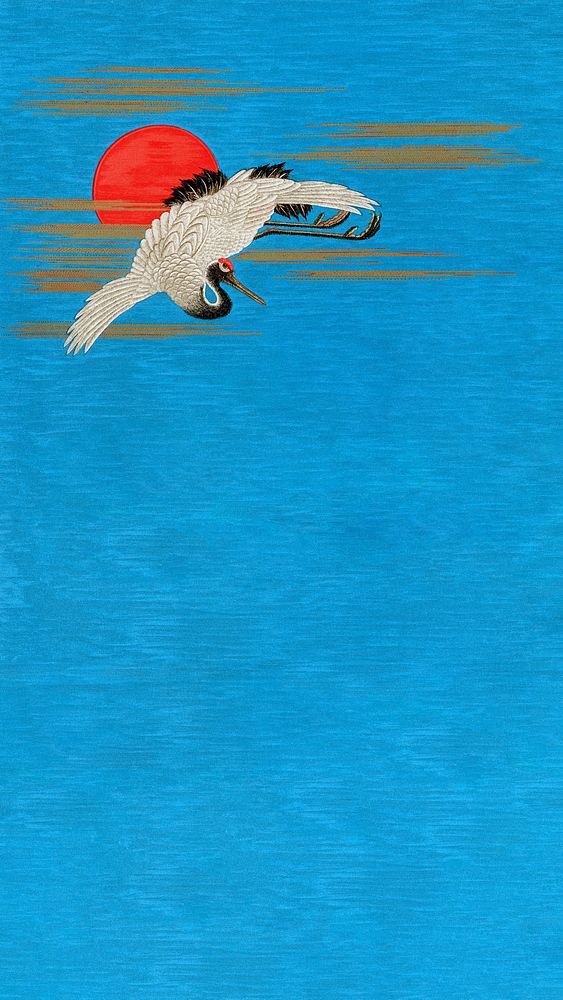 Flying Sarus crane iPhone wallpaper, traditional Japanese illustration. Remixed by rawpixel.