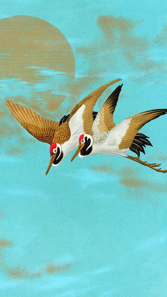 Sarus cranes flying iPhone wallpaper, traditional Japanese illustration. Remixed by rawpixel.