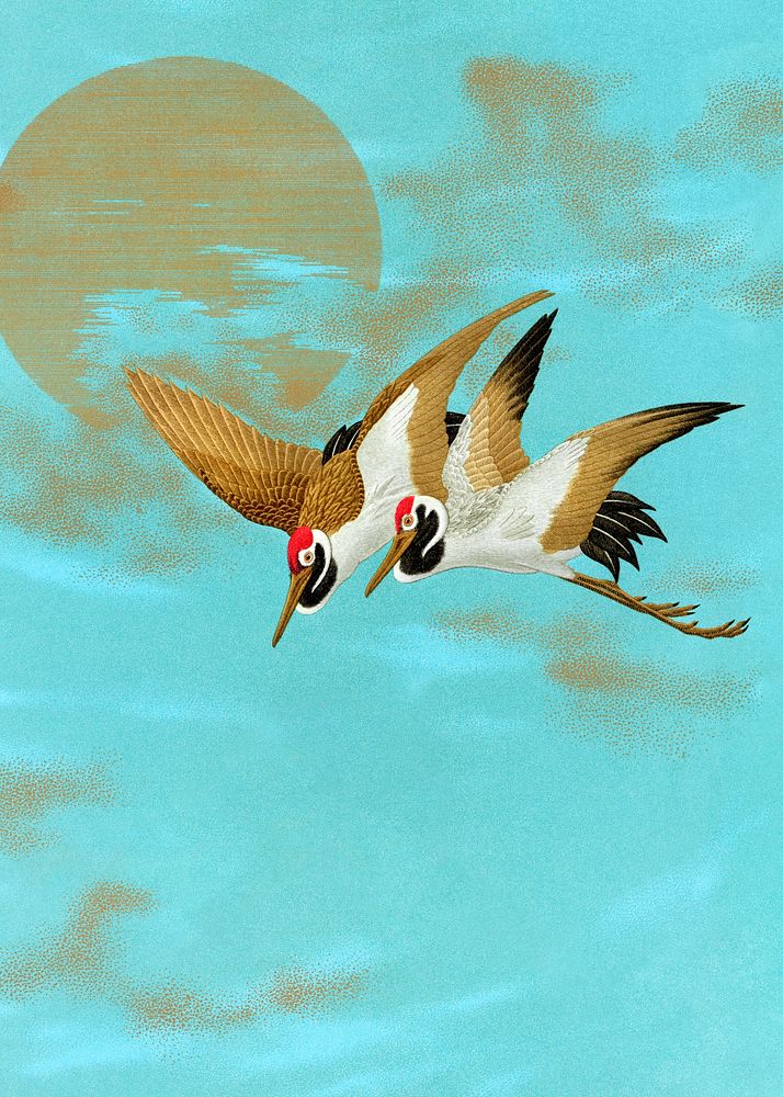 Sarus cranes flying background, traditional Japanese illustration. Remixed by rawpixel.