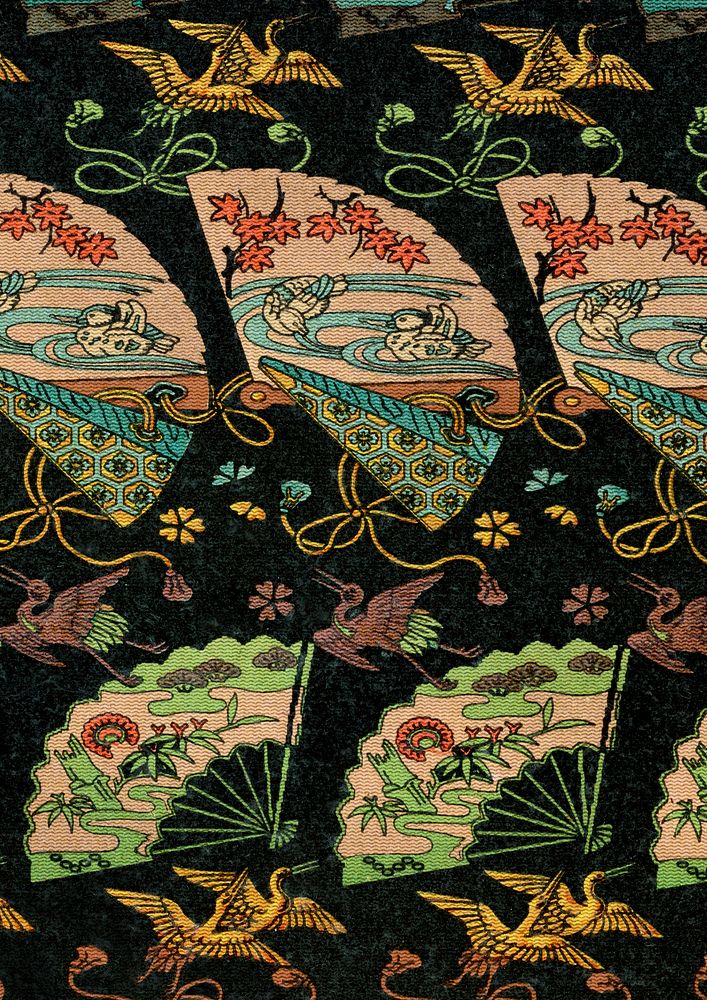 Crane fan pattern background, traditional Japanese design.  Remixed by rawpixel.