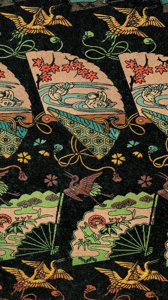 Crane fan pattern mobile wallpaper, traditional Japanese design. Remixed by rawpixel.