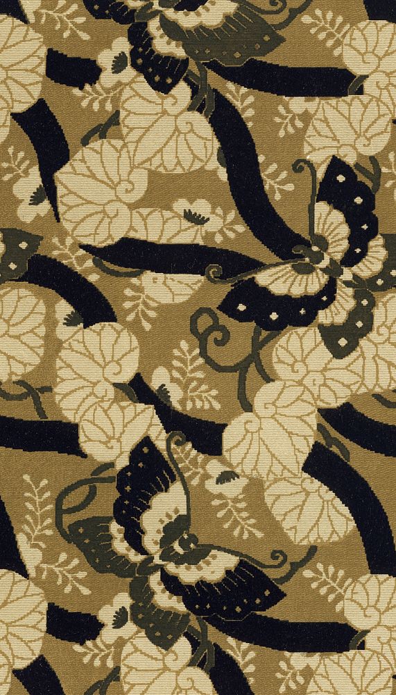 Brown Japanese butterflies mobile wallpaper, traditional fan pattern.  Remixed by rawpixel.