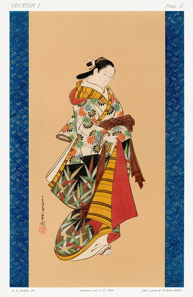 Standing Courtesan, Japanese woman painting by G.A. Audsley-Japanese illustration. Public domain image from our own original…