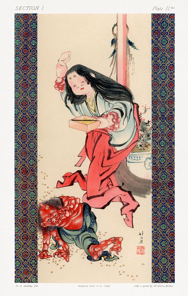 Villager evicting Oni, traditional Japanese painting by G.A. Audsley-Japanese illustration. Public domain image from our own…