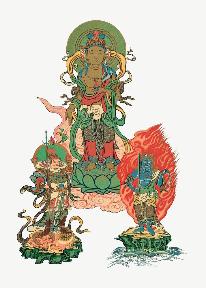 Bodhisattva and two gods, vintage Japanese painting by G.A. Audsley-Japanese illustration psd. Remixed by rawpixel.