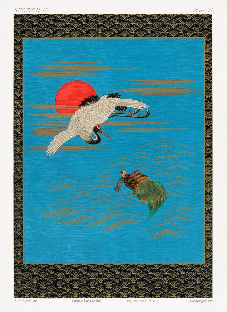 Sarus crane flying above turtle in the sea, vintage painting by G.A. Audsley-Japanese illustration. Public domain image from…