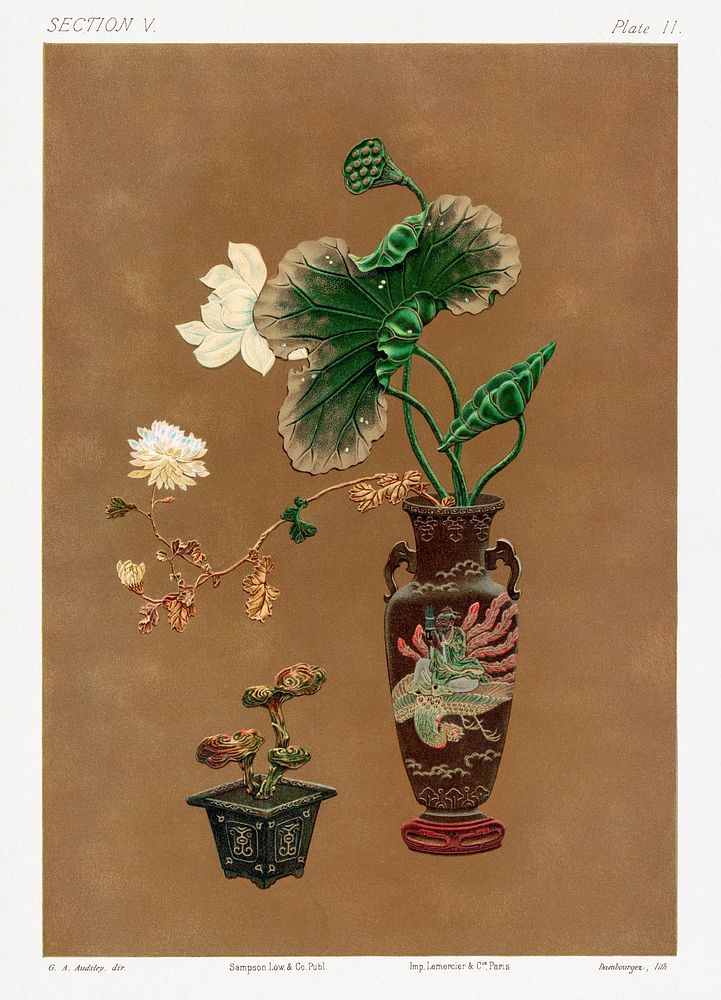 Painting of flowers in a vase from section V plate II. by G.A. Audsley-Japanese illustration. Public domain image from our…