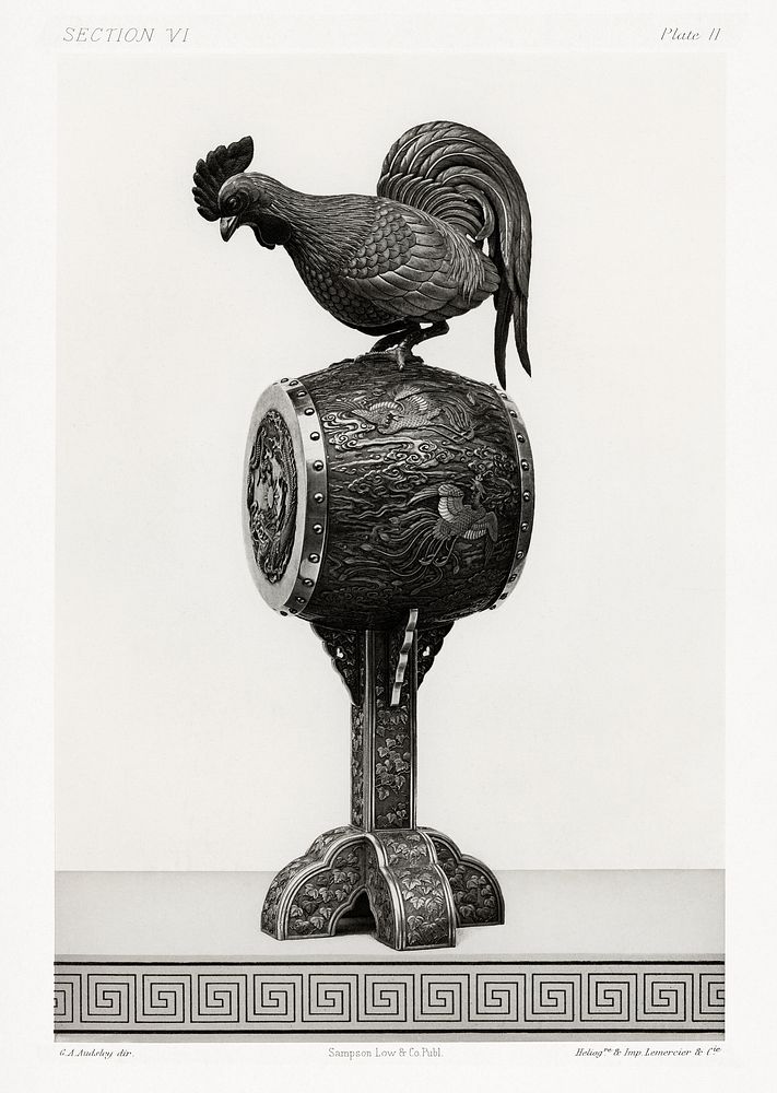 Antique print of Koro (incense burner), in the form of a large cockerel on a drum from section VI plate II. by G.A.…