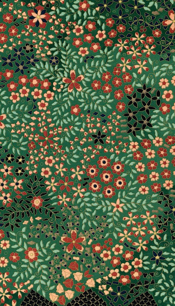 Green Japanese flower iPhone wallpaper, fan pattern.  Remixed by rawpixel.