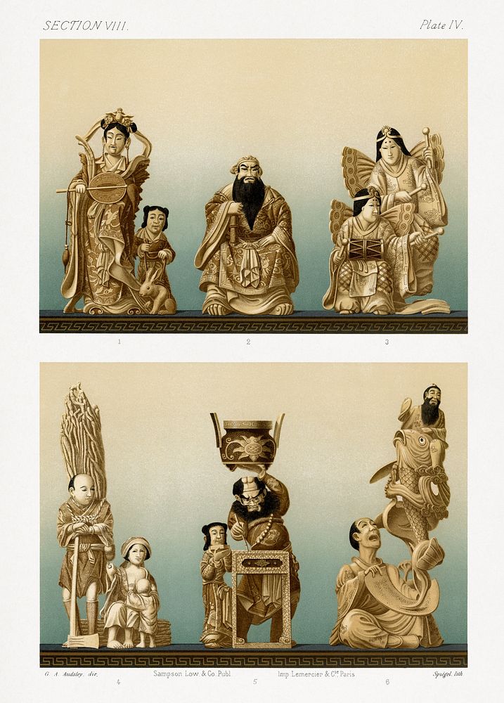 Antique Print of Ivory Carvings from section VIII plate IV. by G.A. Audsley-Japanese sculpture. Public domain image from our…