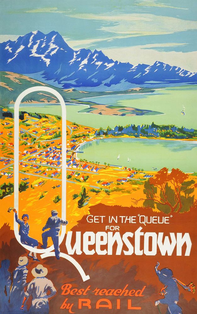 New Zealand Railway poster - 'Get in the Queue', Queenstown (1935) chromolithograph art by New Zealand Railways Department.…