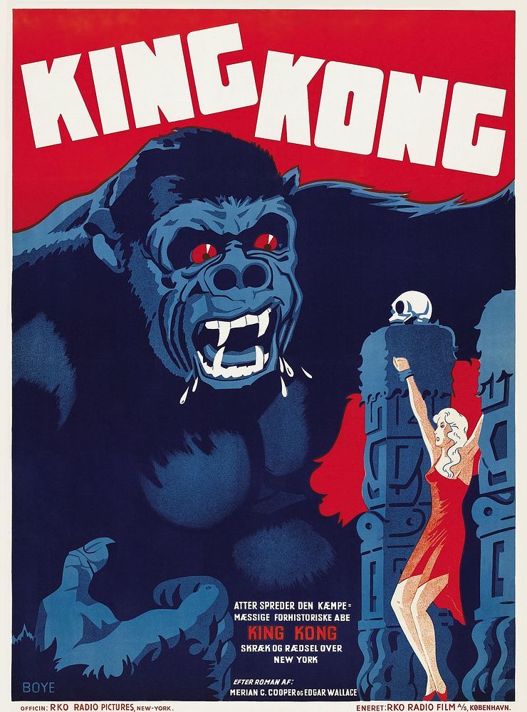 Danish movie poster for King Kong (1933) chromolithograph art by RKO Radio Pictures. Original public domain image from…