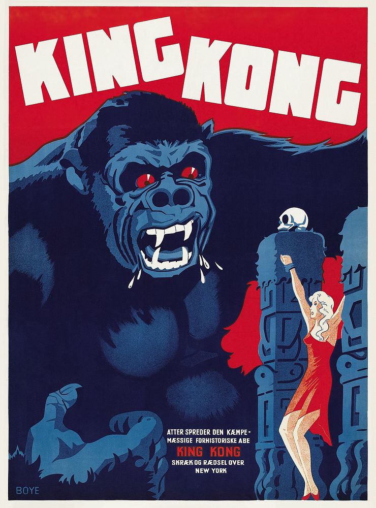 Danish movie poster for King Kong (1933) chromolithograph art by RKO Radio Pictures. Original public domain image from…