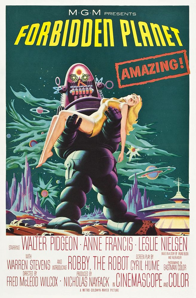 Theatrical poster for the film Forbidden Planet featuring Robby the Robot (1956) chromolithograph art by  Loew's…