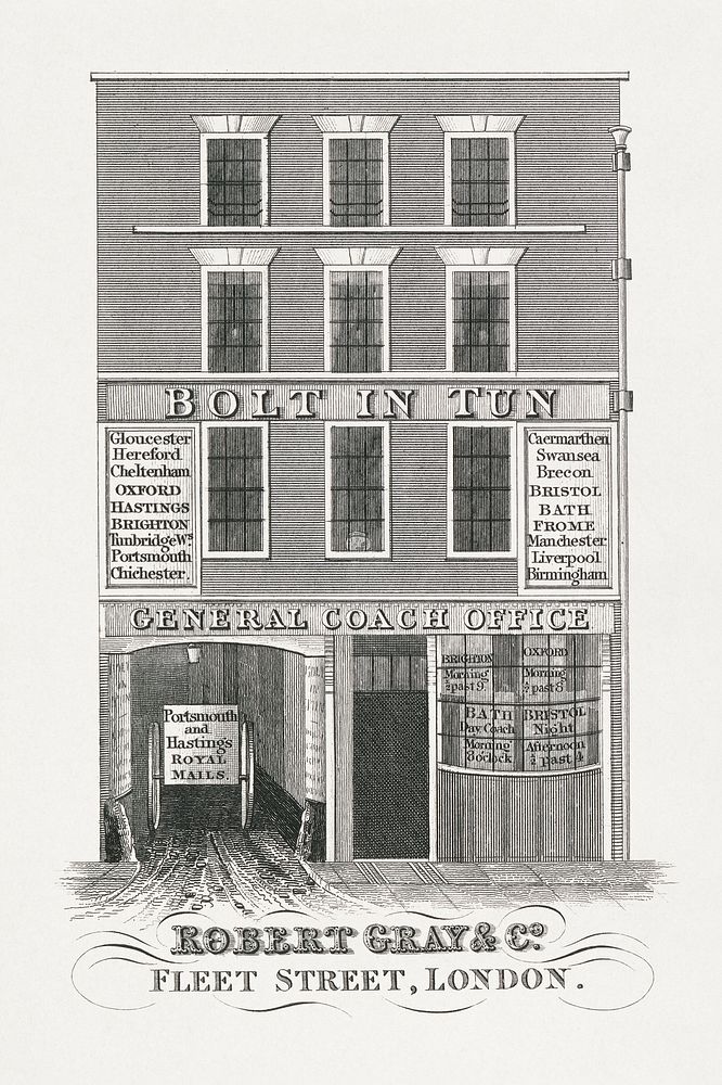 Bolt In Tun. Fleet Street (1820) engraving art by J. Sleath. Original public domain image from Yale Center for British Art.…