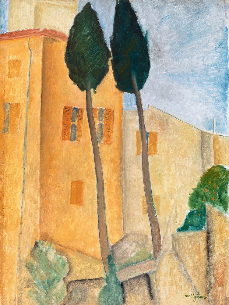 Amedeo Modigliani's Cypresses and Houses at Cagnes (Cypr&egrave;s et maisons &agrave; Cagnes) (1919) famous painting.…