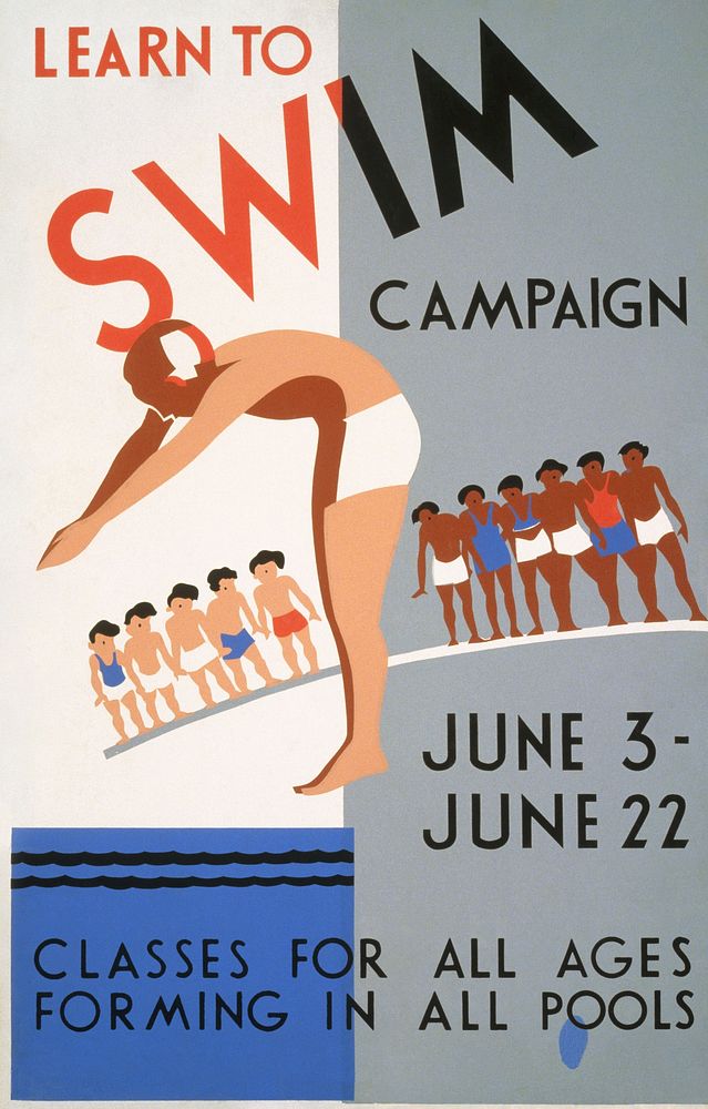 Learn to swim campaign Classes for all ages forming in all pools (1936 and 1940) by Wagner. Original public domain image…