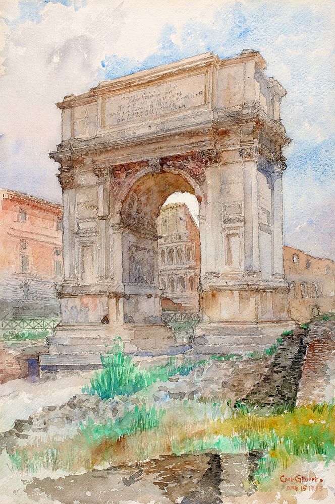 Arch of Titus, Rome watercolor by Cass Gilbert. Original public domain image from Smithsonian. Digitally enhanced watercolor…