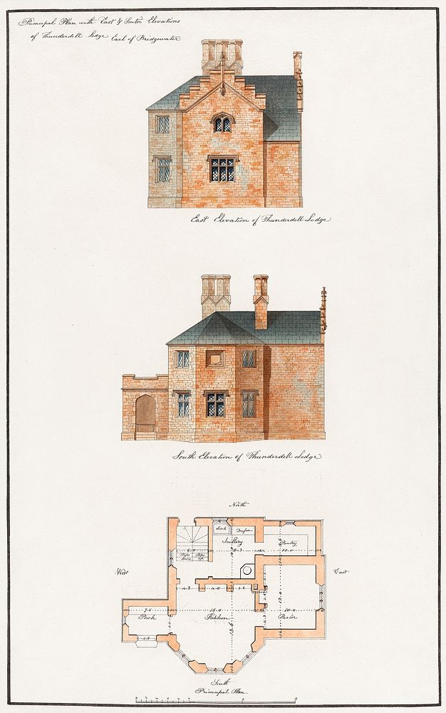 Principle with East and South Elevations of Thunderdell Lodge, Earl of Bridgewater watercolor by Studio of Sir Jeffry…