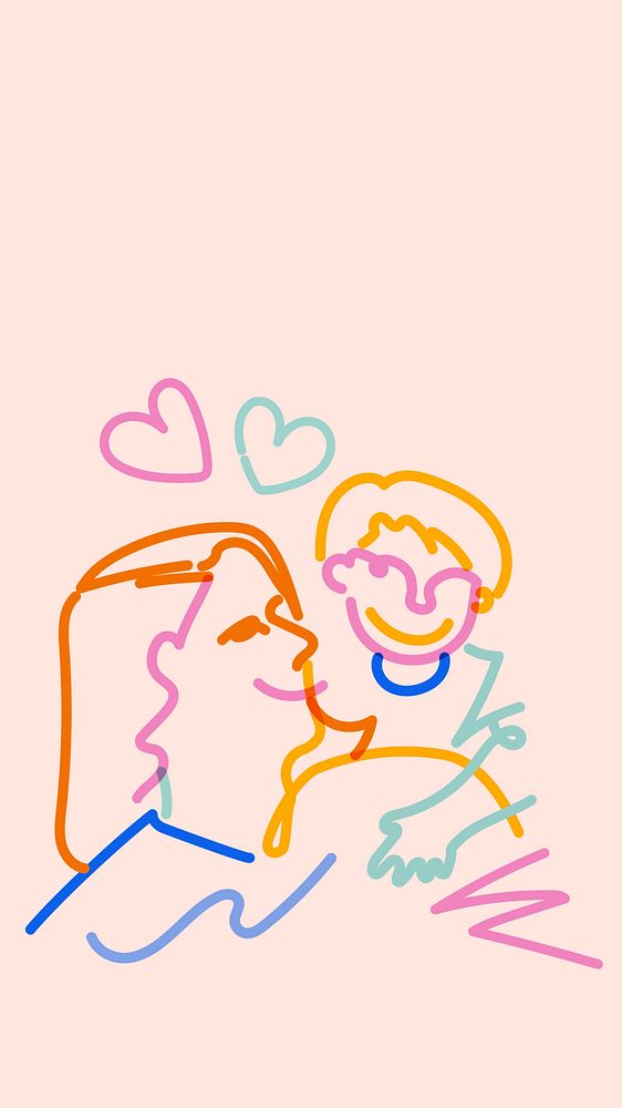 Mother and son iPhone wallpaper, colorful doodle
