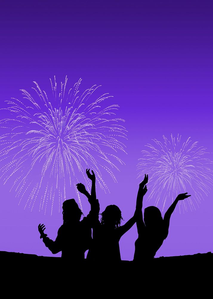 New Year fireworks background, people celebrating silhouette