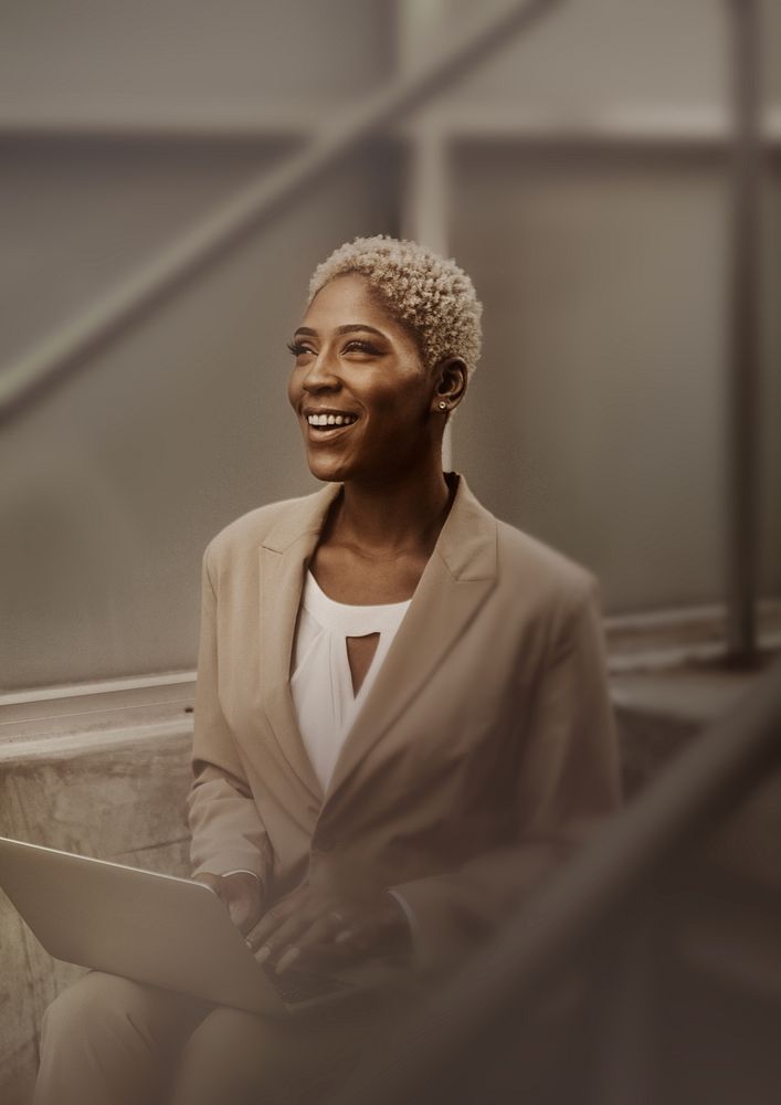 Businesswoman and laptop background, brown border design