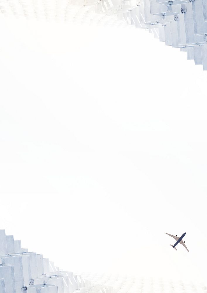 Low-angle flying plane background, building border