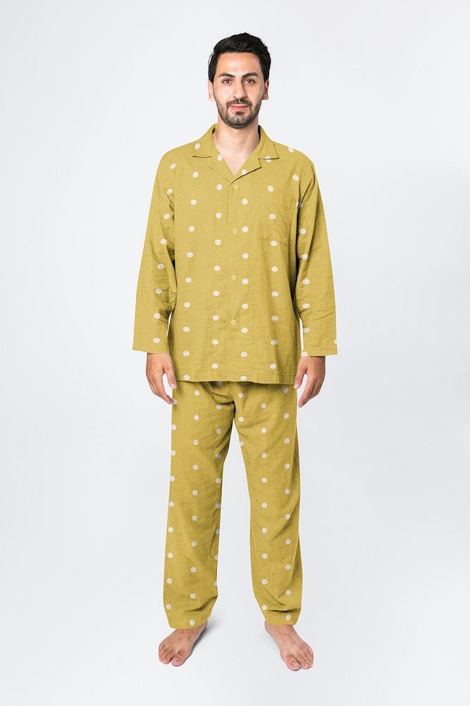 Men's yellow mustard pyjamas, polka dot design
