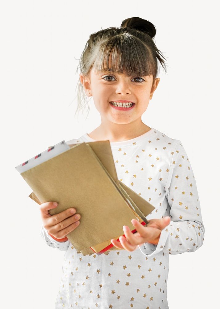 Little girl holding mail isolated image
