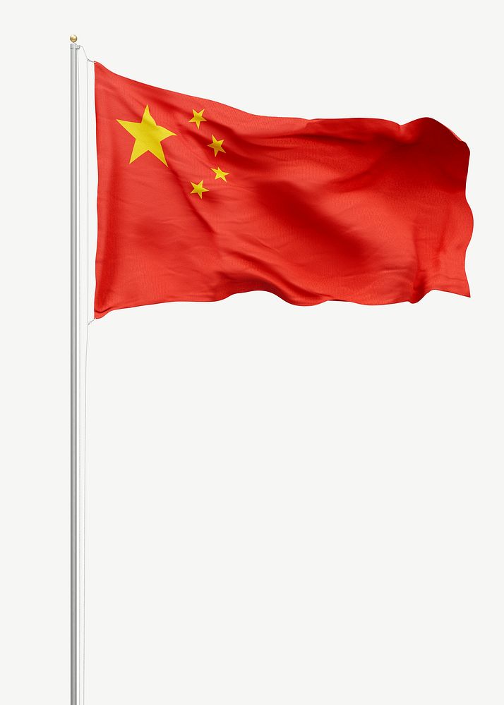 Chinese flag on pole collage element psd