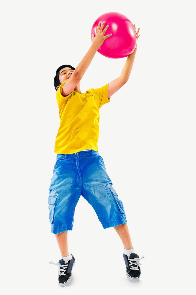 Boy catching pink balloon psd