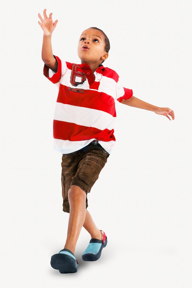 Brown boy playing catch, white background