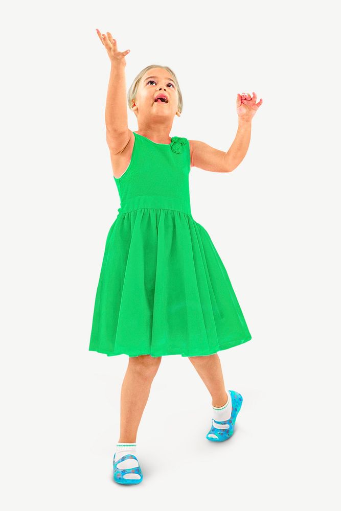 Blonde child in green dress playing psd
