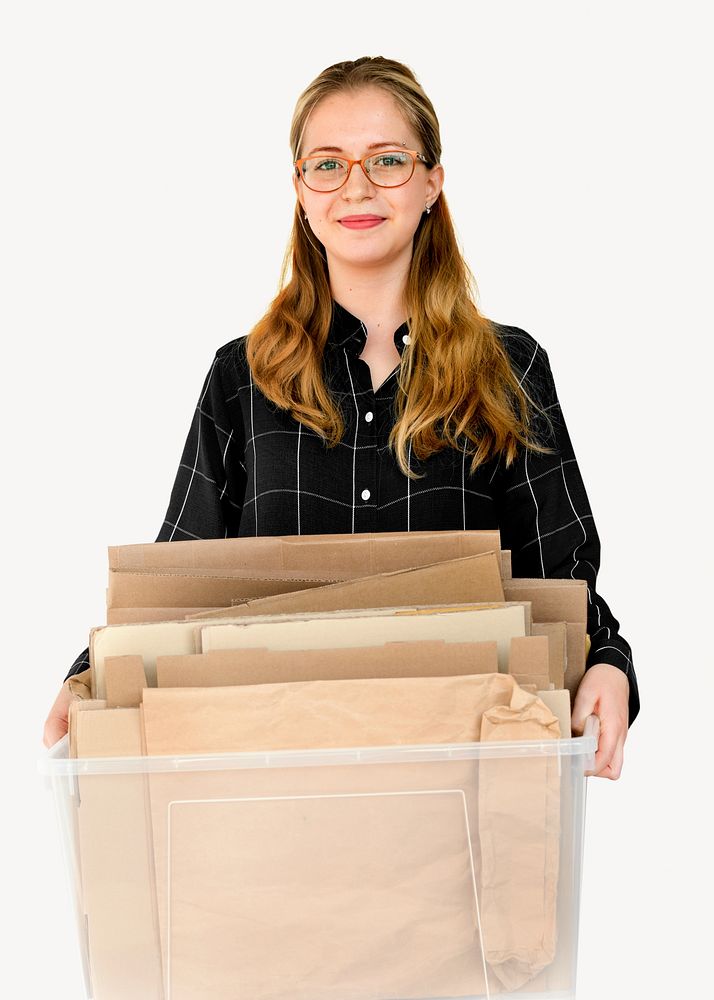 Cardboard box woman isolated image on white