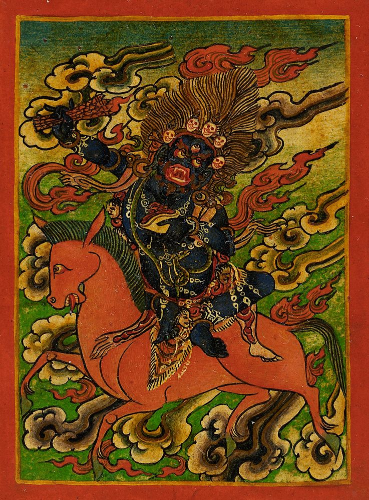 Male Deity on a Red Horse, Nyingmapa Buddhist or Bon Ritual Card
