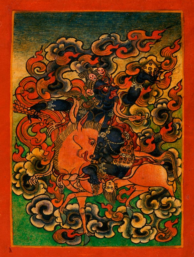 Blue Deity from Yama's Retinue (?) Riding a Bull, Nyingmapa Buddhist or Bon Ritual Card