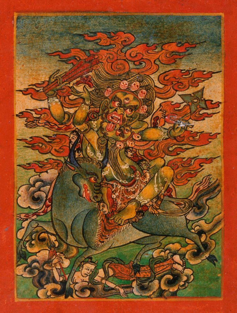 Yellow Yama (?) and Consort on Bull, Nyingmapa Buddhist or Bon Ritual Card