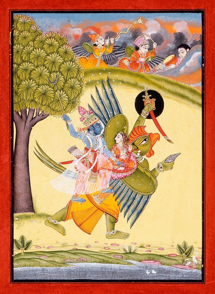 Narayana (Vishnu) Mounting Garuda with Lakshmi